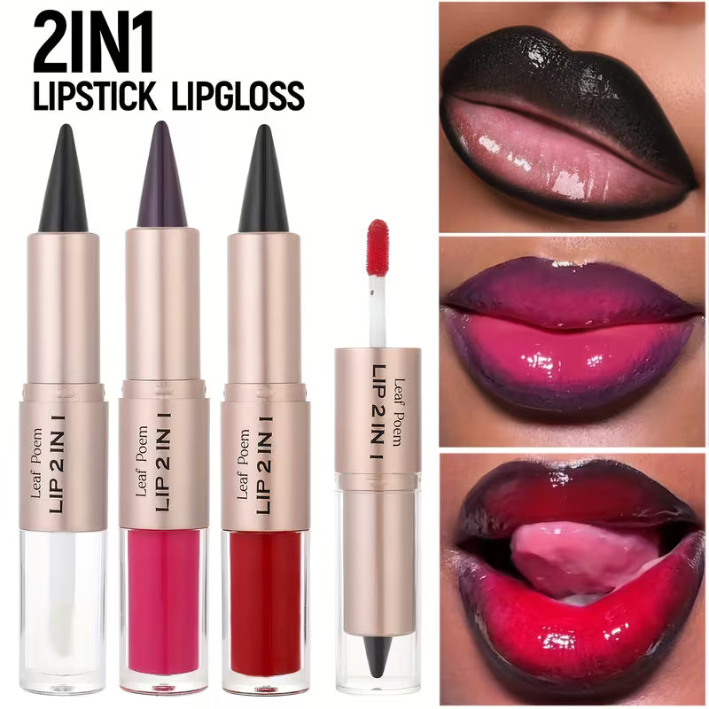 2-in-1 Lipstick & Lip Gloss – Matte + Shine Dual-Ended (Berry Tones)
