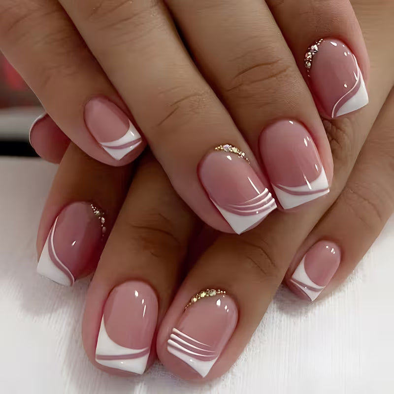 24pcs French Tip Press-On Nails – Glossy Pink Rhinestone Design