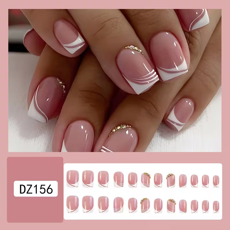 24pcs French Tip Press-On Nails – Glossy Pink Rhinestone Design