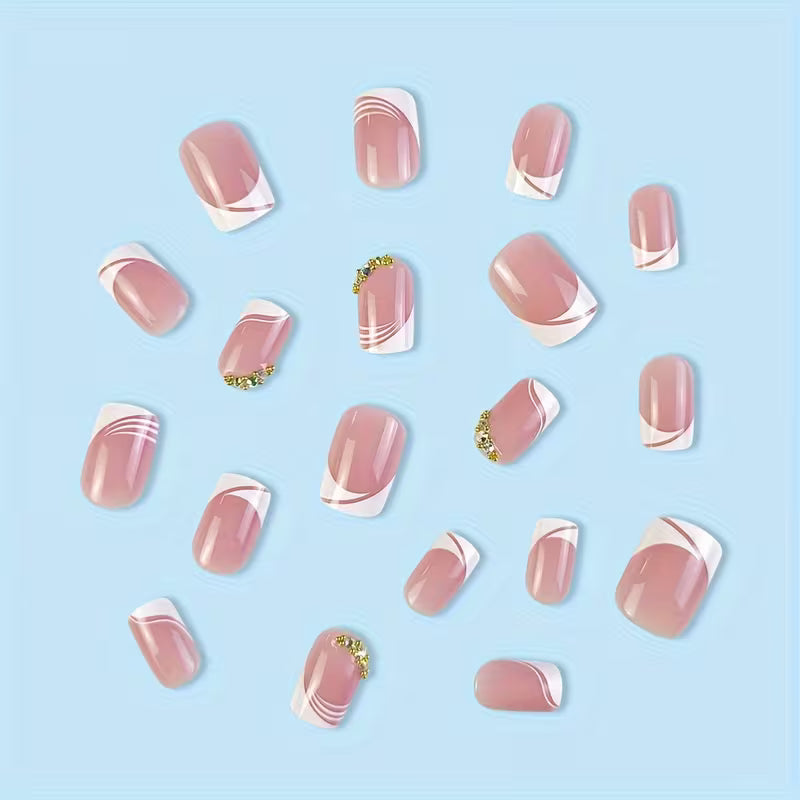 24pcs French Tip Press-On Nails – Glossy Pink Rhinestone Design