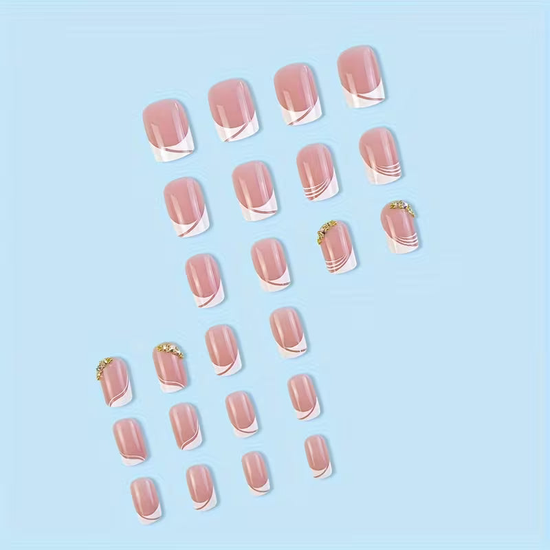 24pcs French Tip Press-On Nails – Glossy Pink Rhinestone Design