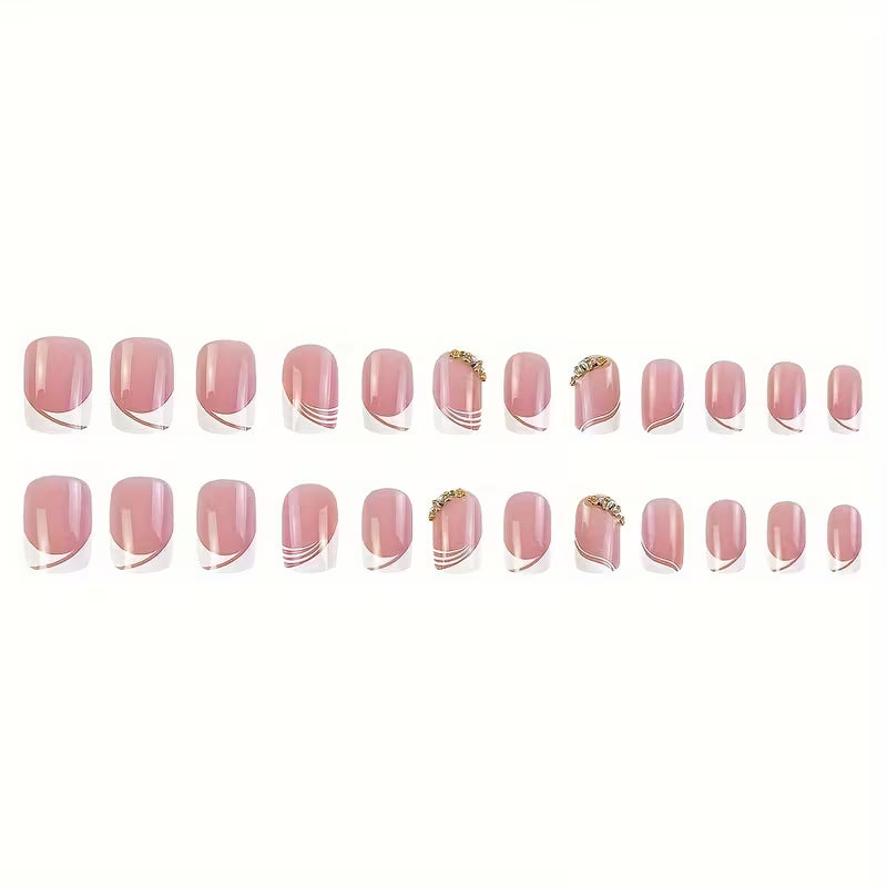 24pcs French Tip Press-On Nails – Glossy Pink Rhinestone Design