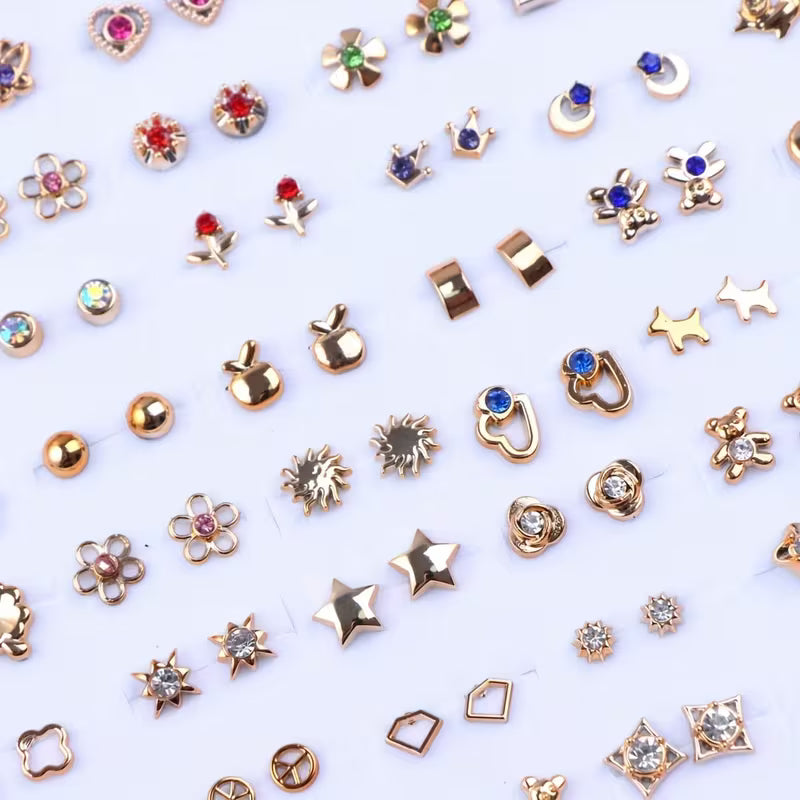 36 Pairs Rhinestone Stud Earrings Set – Fashion Mini Heart & Flower Jewelry
