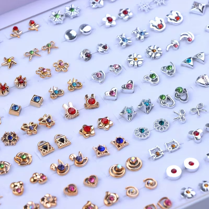 36 Pairs Rhinestone Stud Earrings Set – Fashion Mini Heart & Flower Jewelry