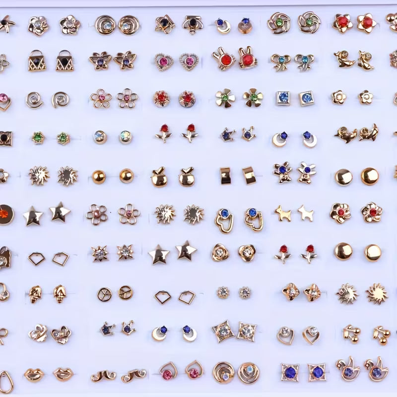 36 Pairs Rhinestone Stud Earrings Set – Fashion Mini Heart & Flower Jewelry