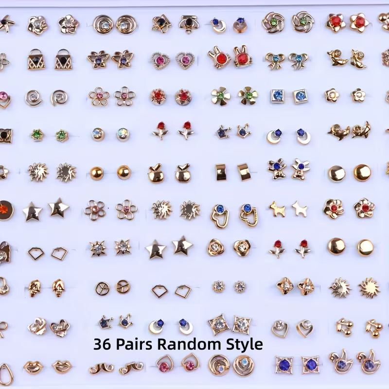 36 Pairs Rhinestone Stud Earrings Set – Fashion Mini Heart & Flower Jewelry