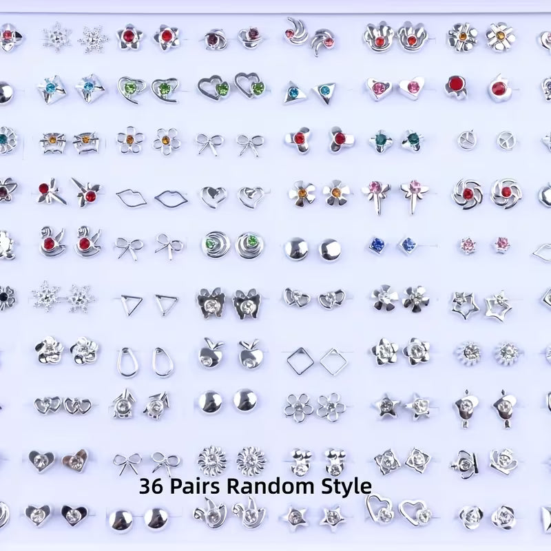 36 Pairs Rhinestone Stud Earrings Set – Fashion Mini Heart & Flower Jewelry