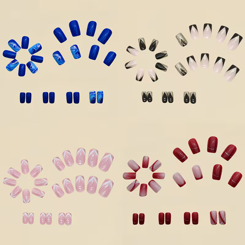 96pcs French Press-On Nails Set – Glossy Mixed Colors with Glue & File