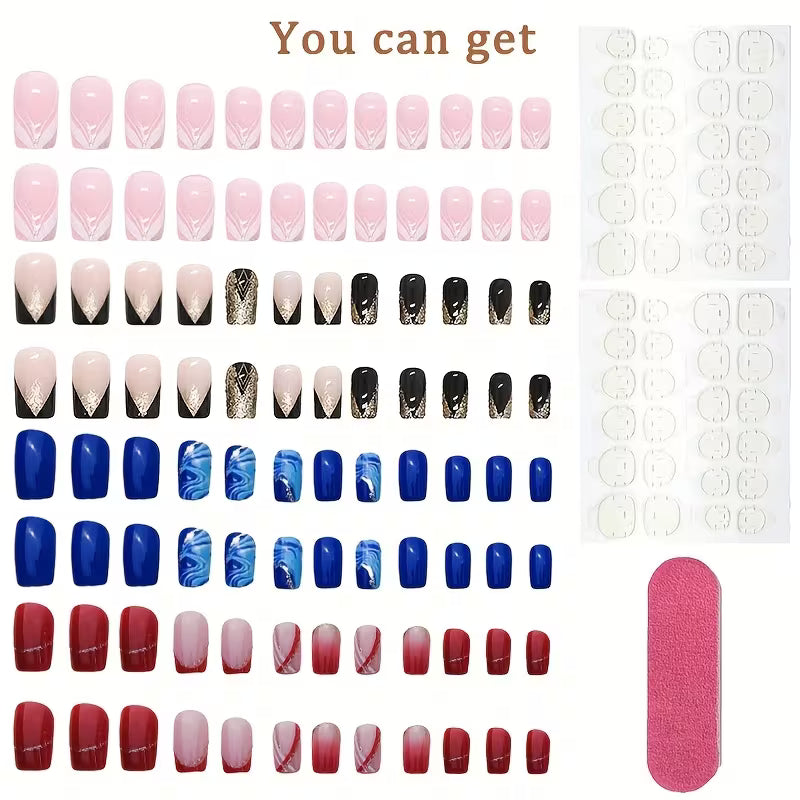 96pcs French Press-On Nails Set – Glossy Mixed Colors with Glue & File