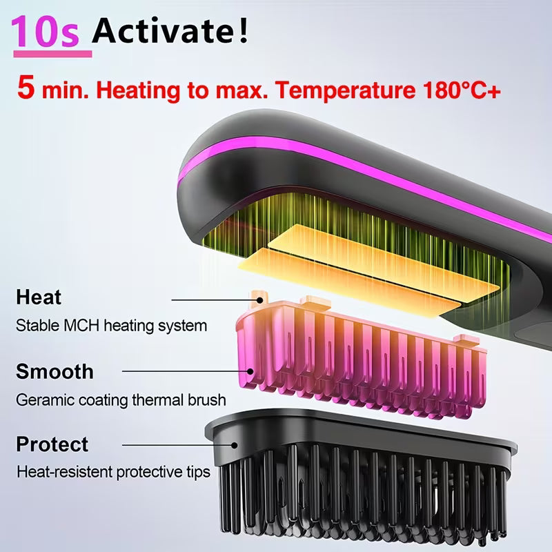 Cordless Hair Straightener Brush – Fast Heat USB Rechargeable Anti-Scald Comb