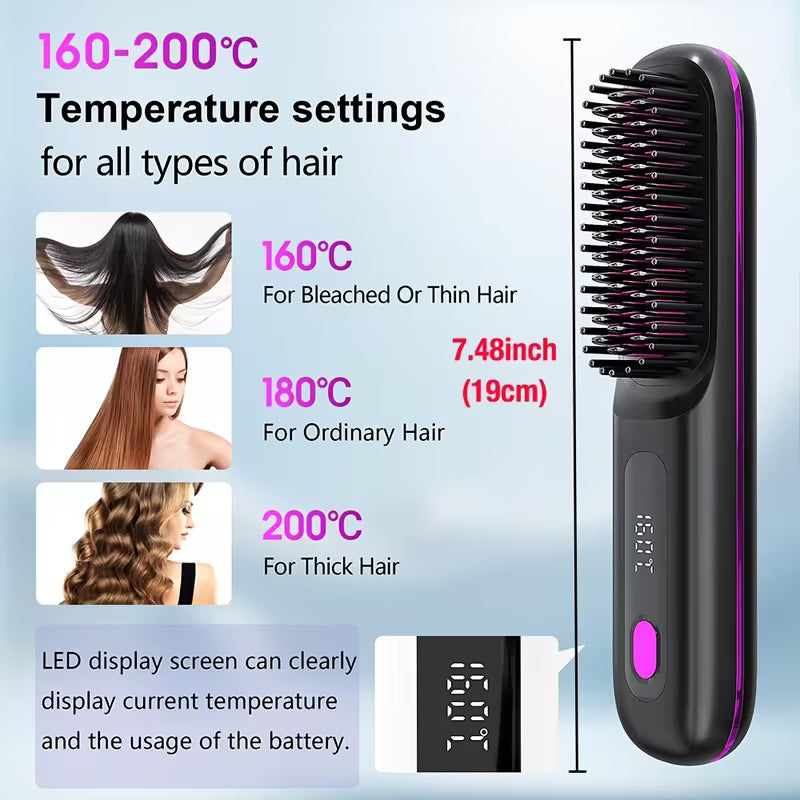 Cordless Hair Straightener Brush – Fast Heat USB Rechargeable Anti-Scald Comb