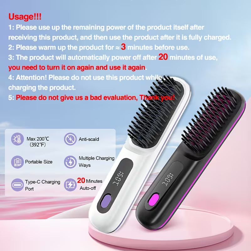 Cordless Hair Straightener Brush – Fast Heat USB Rechargeable Anti-Scald Comb