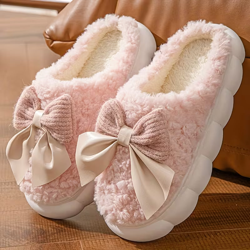 Cozy Fleece Bow Slippers – Warm Plush Indoor Winter House Shoes