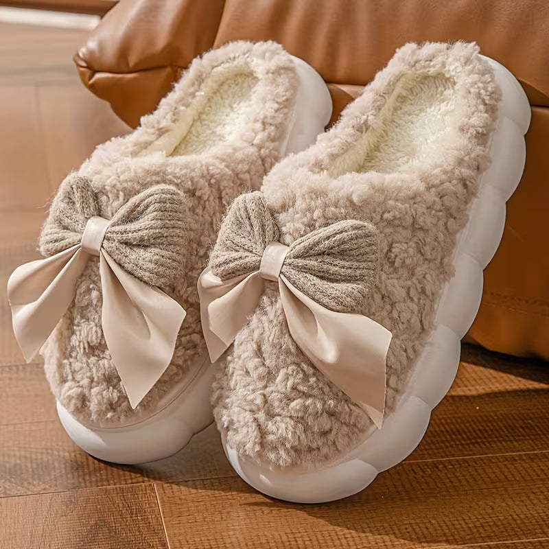 Cozy Fleece Bow Slippers – Warm Plush Indoor Winter House Shoes