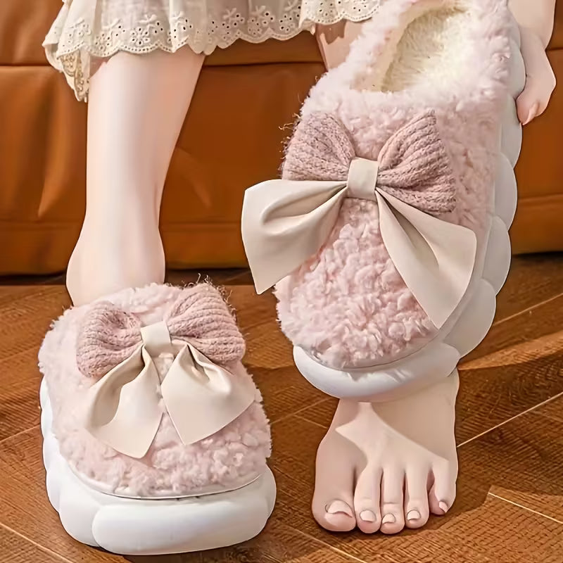 Cozy Fleece Bow Slippers – Warm Plush Indoor Winter House Shoes