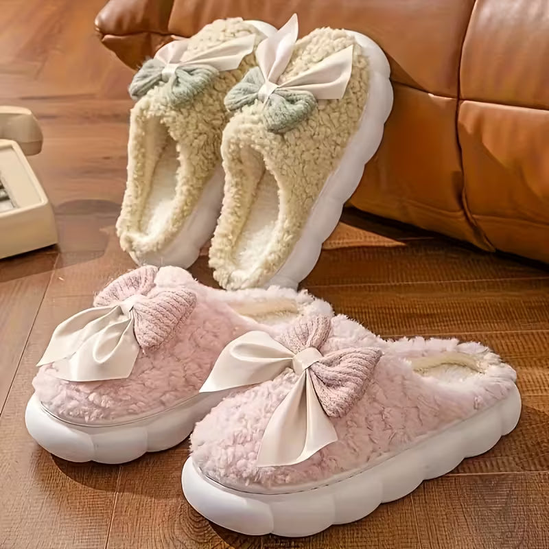 Cozy Fleece Bow Slippers – Warm Plush Indoor Winter House Shoes