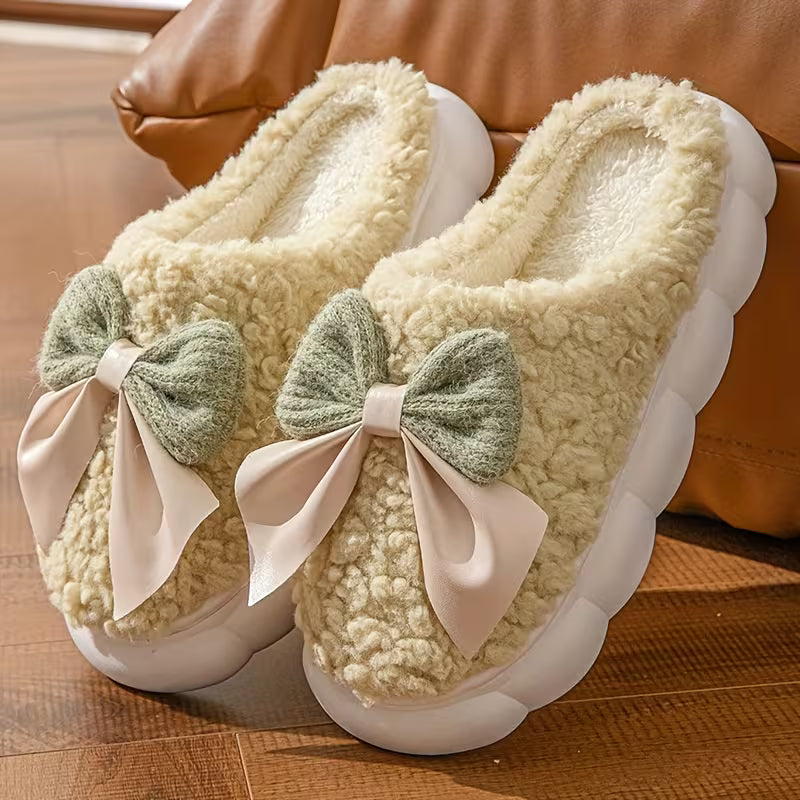 Cozy Fleece Bow Slippers – Warm Plush Indoor Winter House Shoes