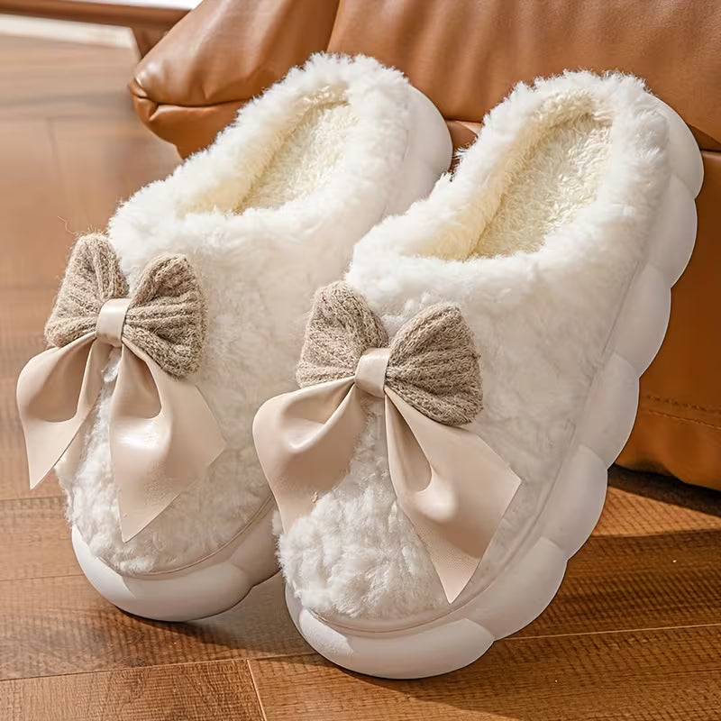 Cozy Fleece Bow Slippers – Warm Plush Indoor Winter House Shoes