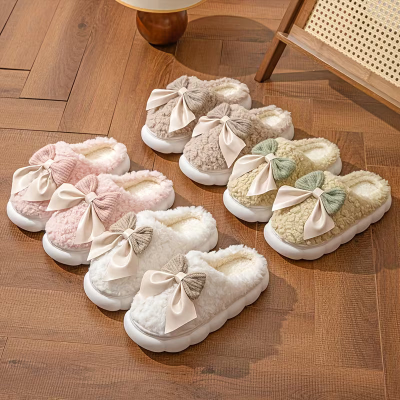 Cozy Fleece Bow Slippers – Warm Plush Indoor Winter House Shoes
