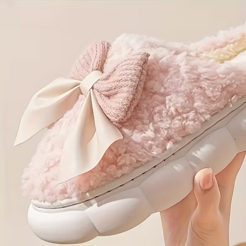 Cozy Fleece Bow Slippers – Warm Plush Indoor Winter House Shoes