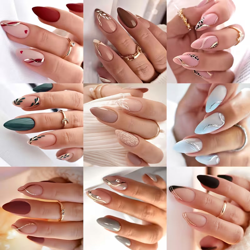 216pcs Almond Press-On Nails Set – Valentine Floral & Heart Designs