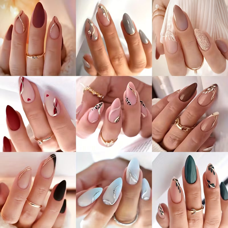 216pcs Almond Press-On Nails Set – Valentine Floral & Heart Designs