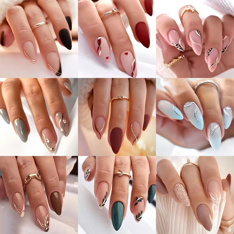 216pcs Almond Press-On Nails Set – Valentine Floral & Heart Designs
