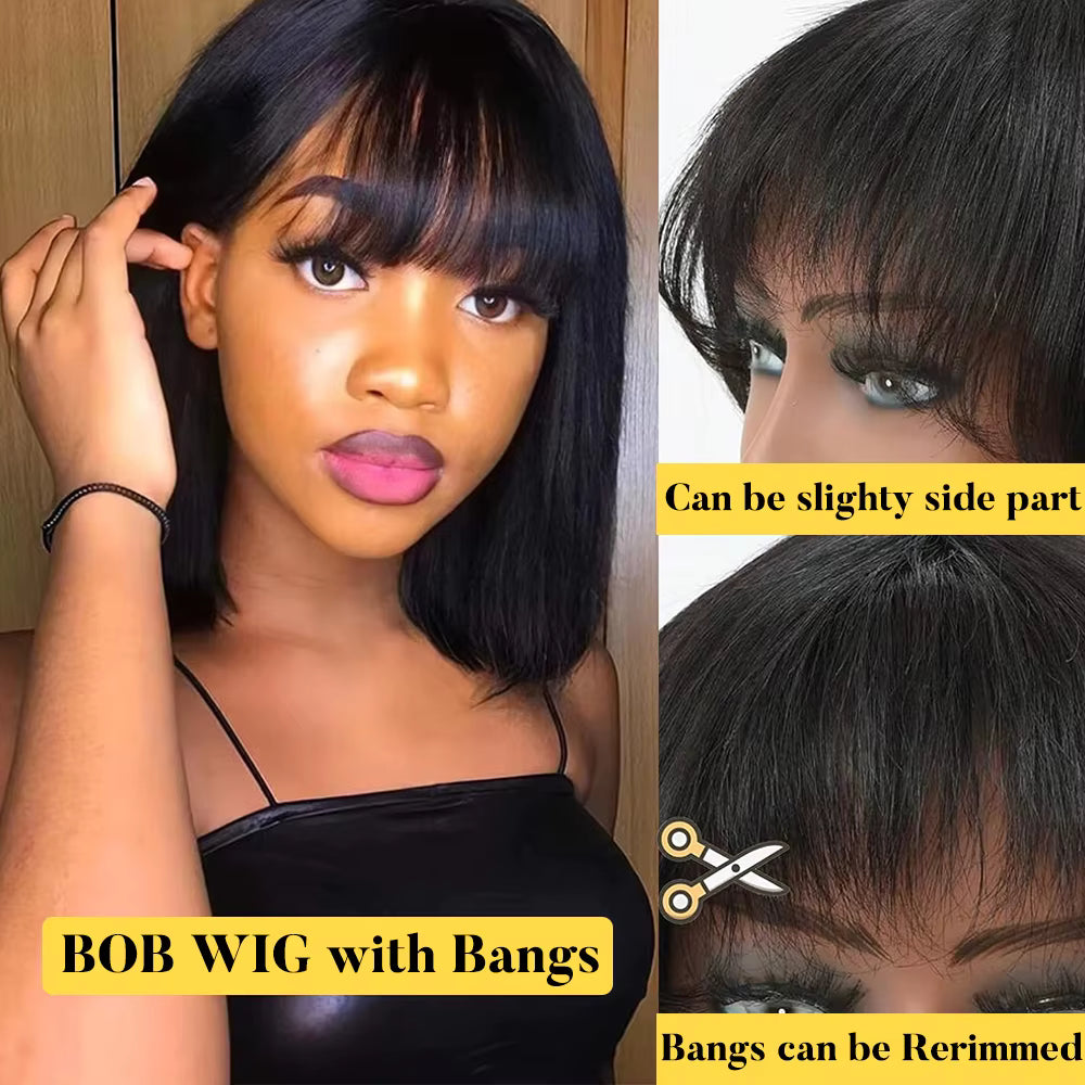 Straight Short Bob Wig with Bangs – 180% Density Vietnamese Raw Human Hair Glueless Wig