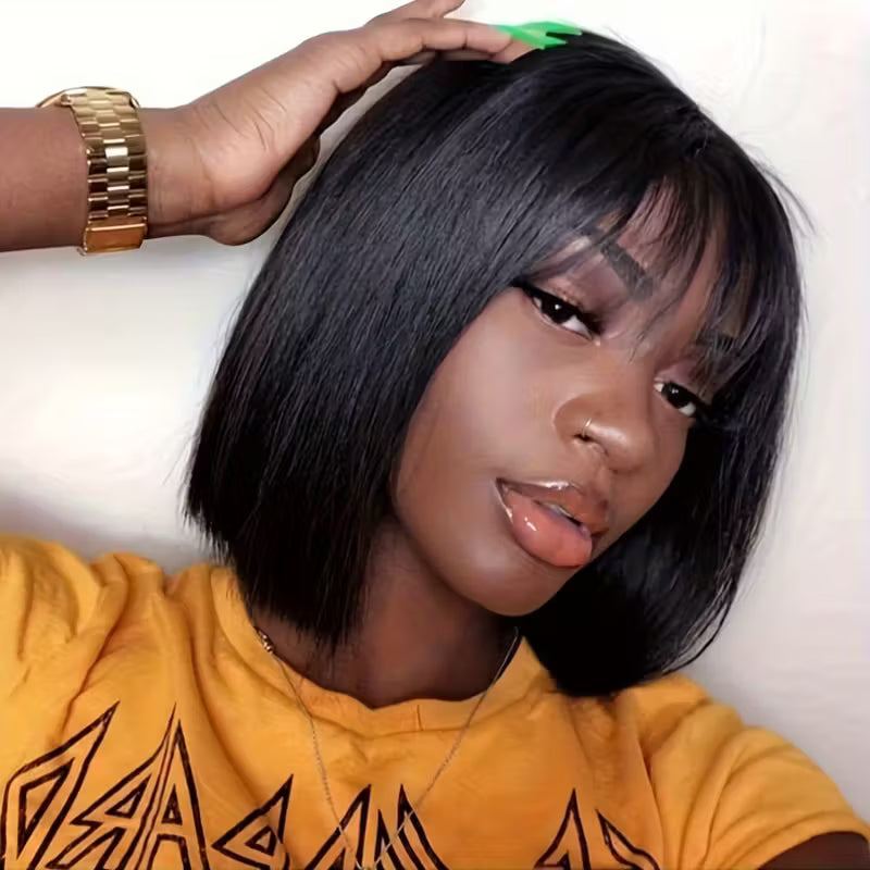 Straight Short Bob Wig with Bangs – 180% Density Vietnamese Raw Human Hair Glueless Wig