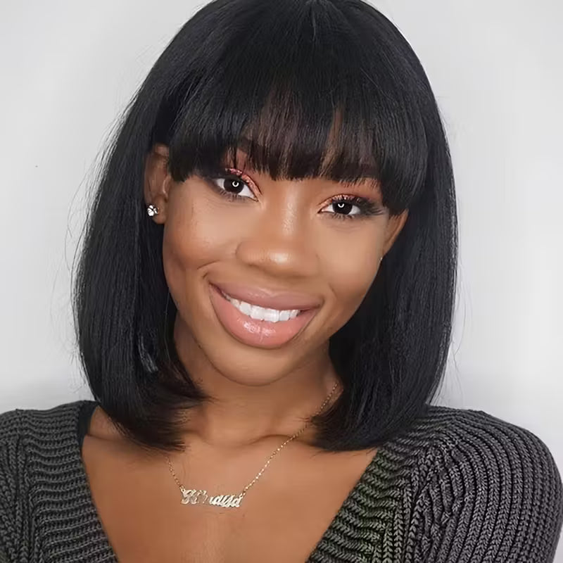 Straight Short Bob Wig with Bangs – 180% Density Vietnamese Raw Human Hair Glueless Wig