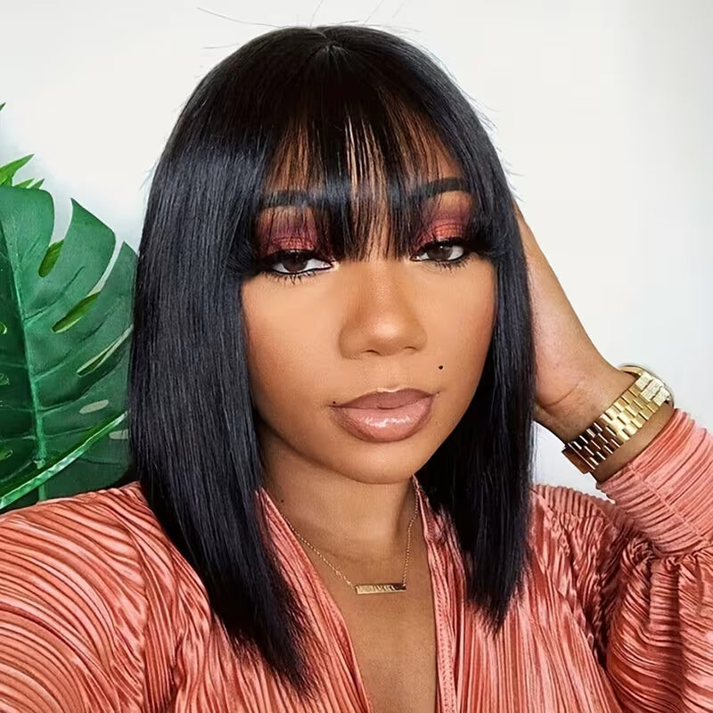 Straight Short Bob Wig with Bangs – 180% Density Vietnamese Raw Human Hair Glueless Wig