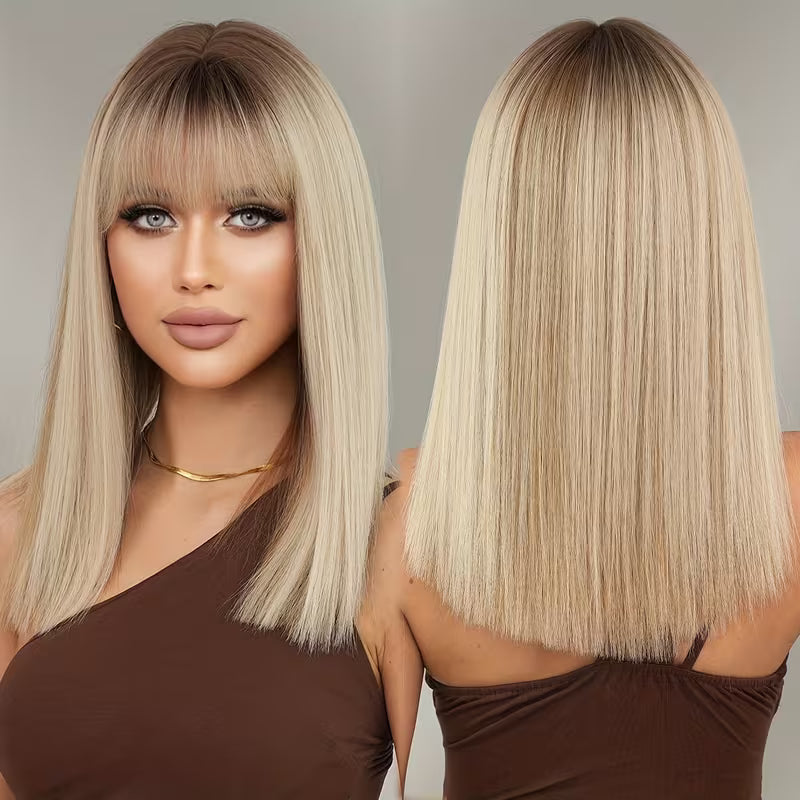 Ombre Grey Straight Wig with Dark Roots – Shoulder Length | Glueless & Heat-Friendly