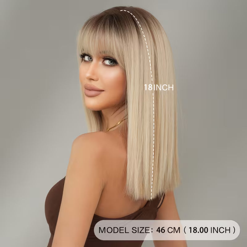 Ombre Grey Straight Wig with Dark Roots – Shoulder Length | Glueless & Heat-Friendly