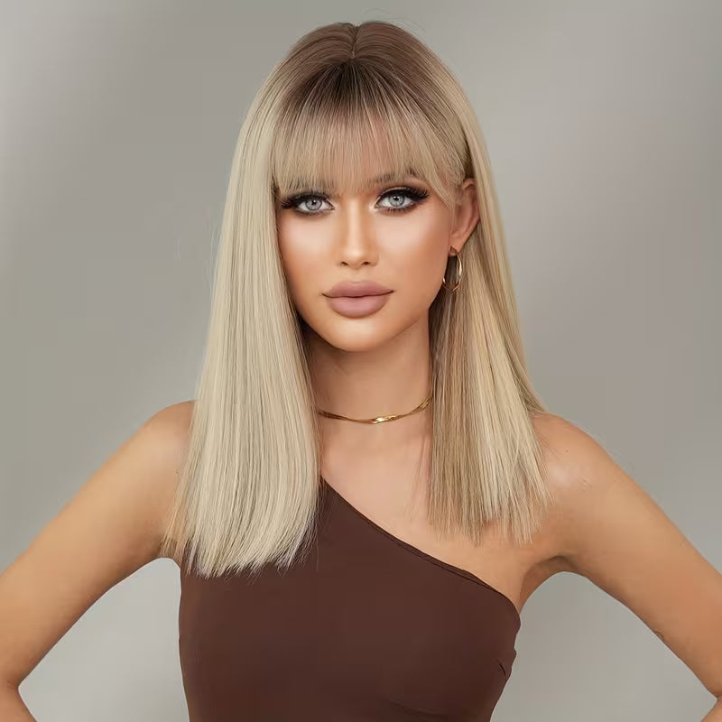 Ombre Grey Straight Wig with Dark Roots – Shoulder Length | Glueless & Heat-Friendly