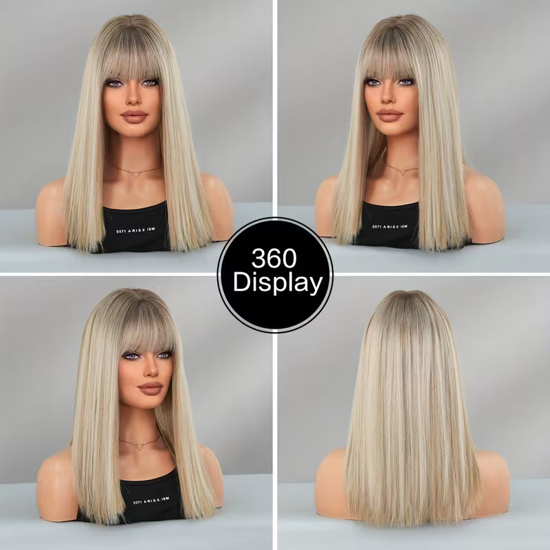 Ombre Grey Straight Wig with Dark Roots – Shoulder Length | Glueless & Heat-Friendly