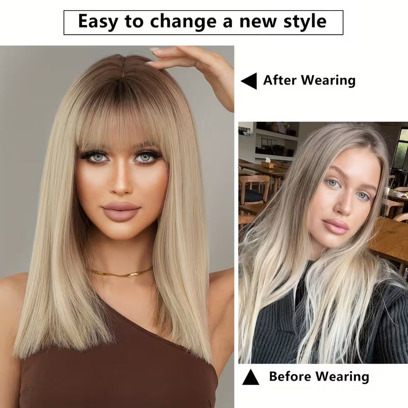 Ombre Grey Straight Wig with Dark Roots – Shoulder Length | Glueless & Heat-Friendly