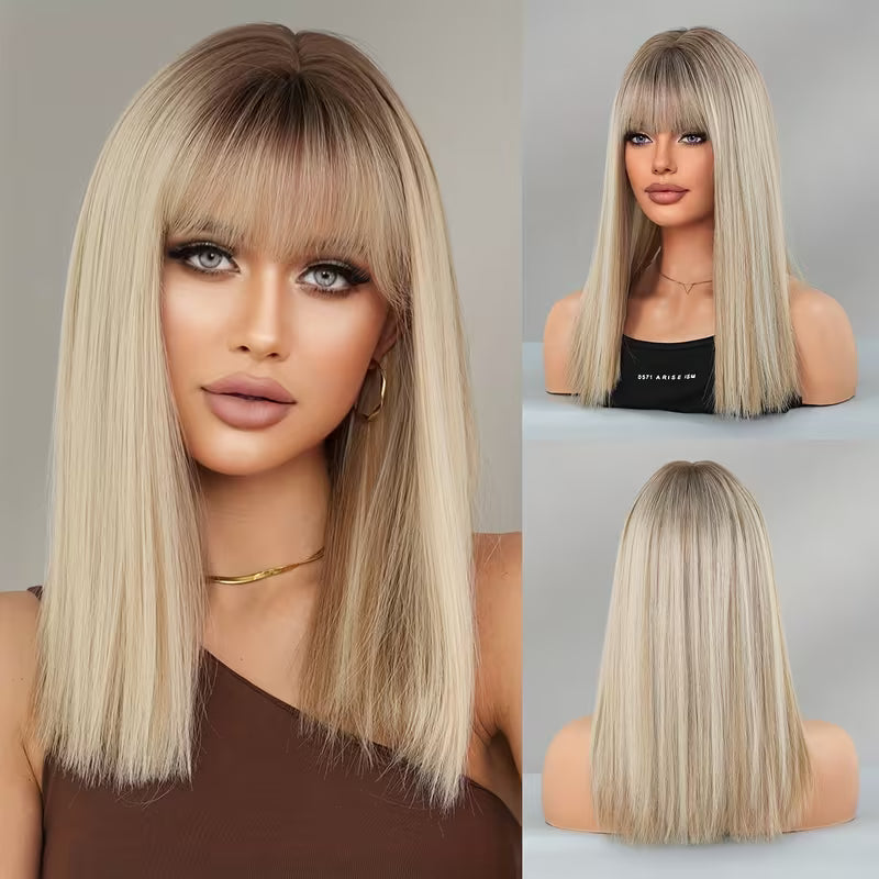 Ombre Grey Straight Wig with Dark Roots – Shoulder Length | Glueless & Heat-Friendly