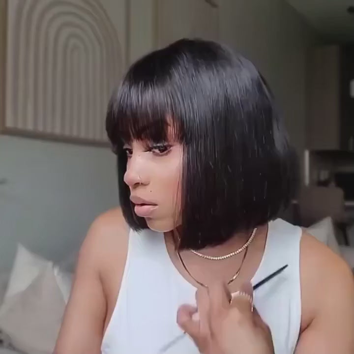 Straight Short Bob Wig with Bangs – 180% Density Vietnamese Raw Human Hair Glueless Wig